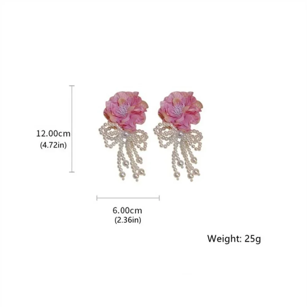White Large Flower Decor Faux Pearl Tassel Earrings